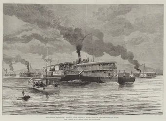 Die Burmah-Expedition, Flottille mit Truppen an Bord, auf dem Weg den Irrawaddy hinauf nach Bhamo